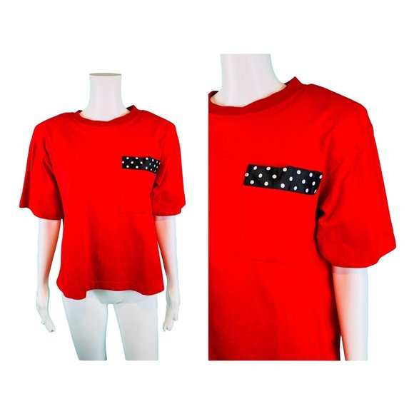 Vintage 90s Cropped Tee Women's Medium Solid Red Cotton T-Shirt Polka Dot Trim - Picture 1 of 9